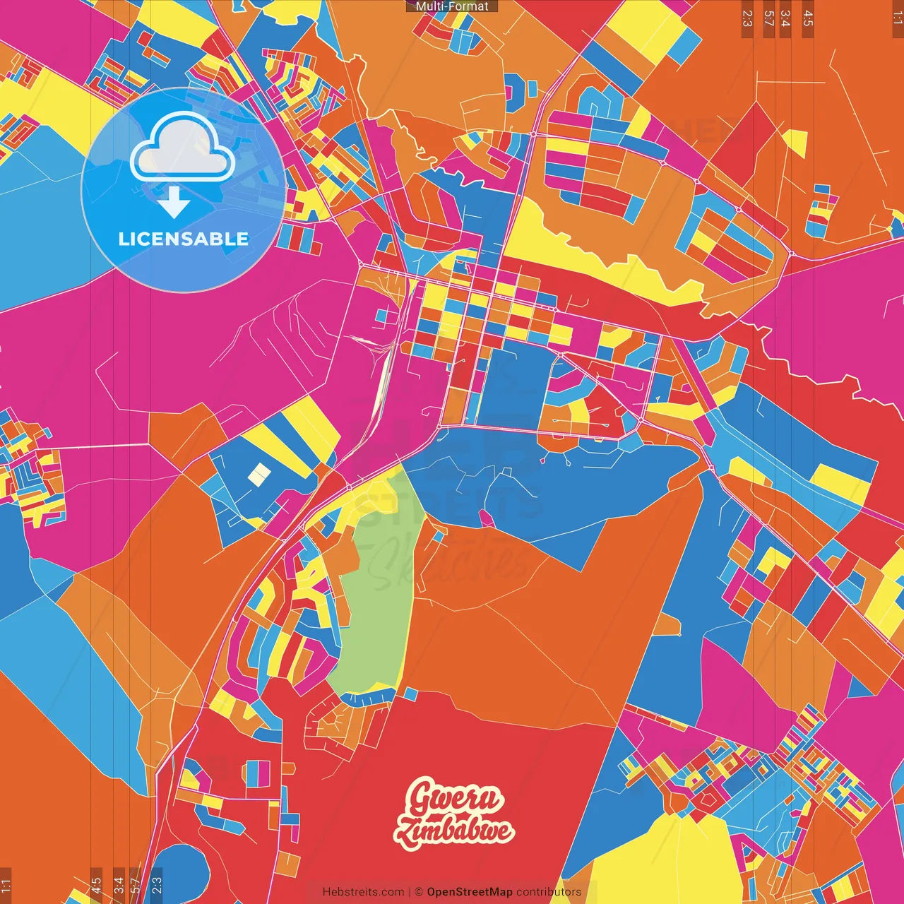 Gweru, Zimbabwe Crazy Colorful Street Map Poster Template