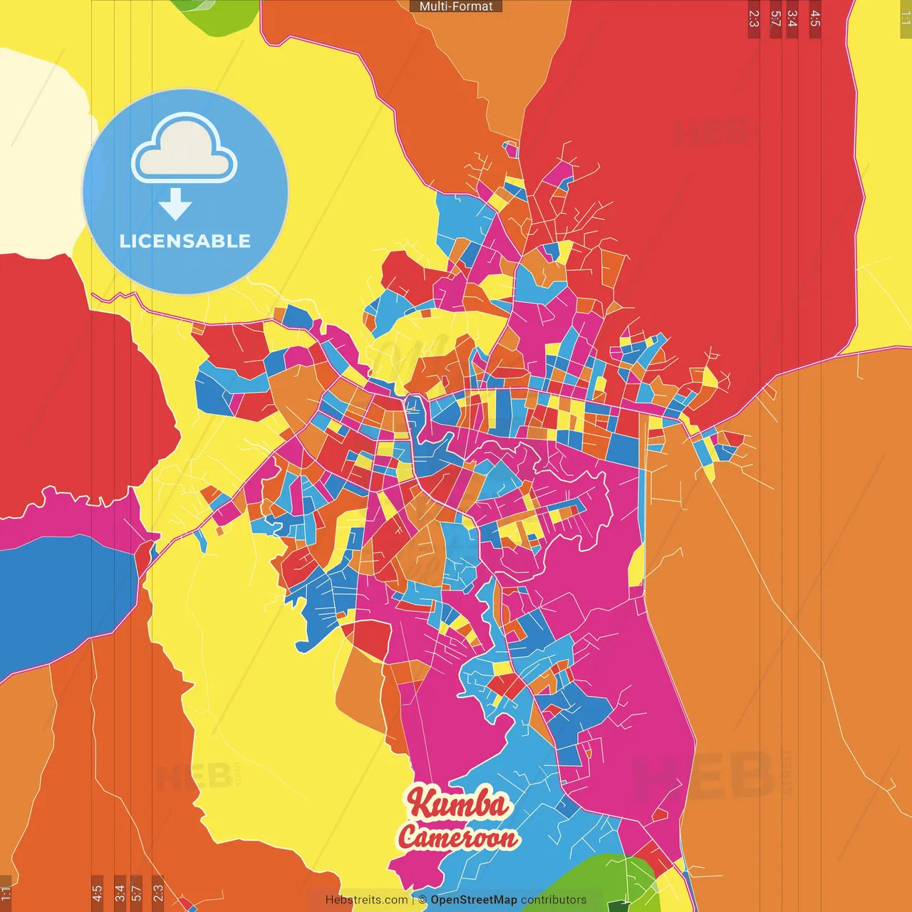 Kumba, Cameroon Crazy Colorful Street Map Poster Template