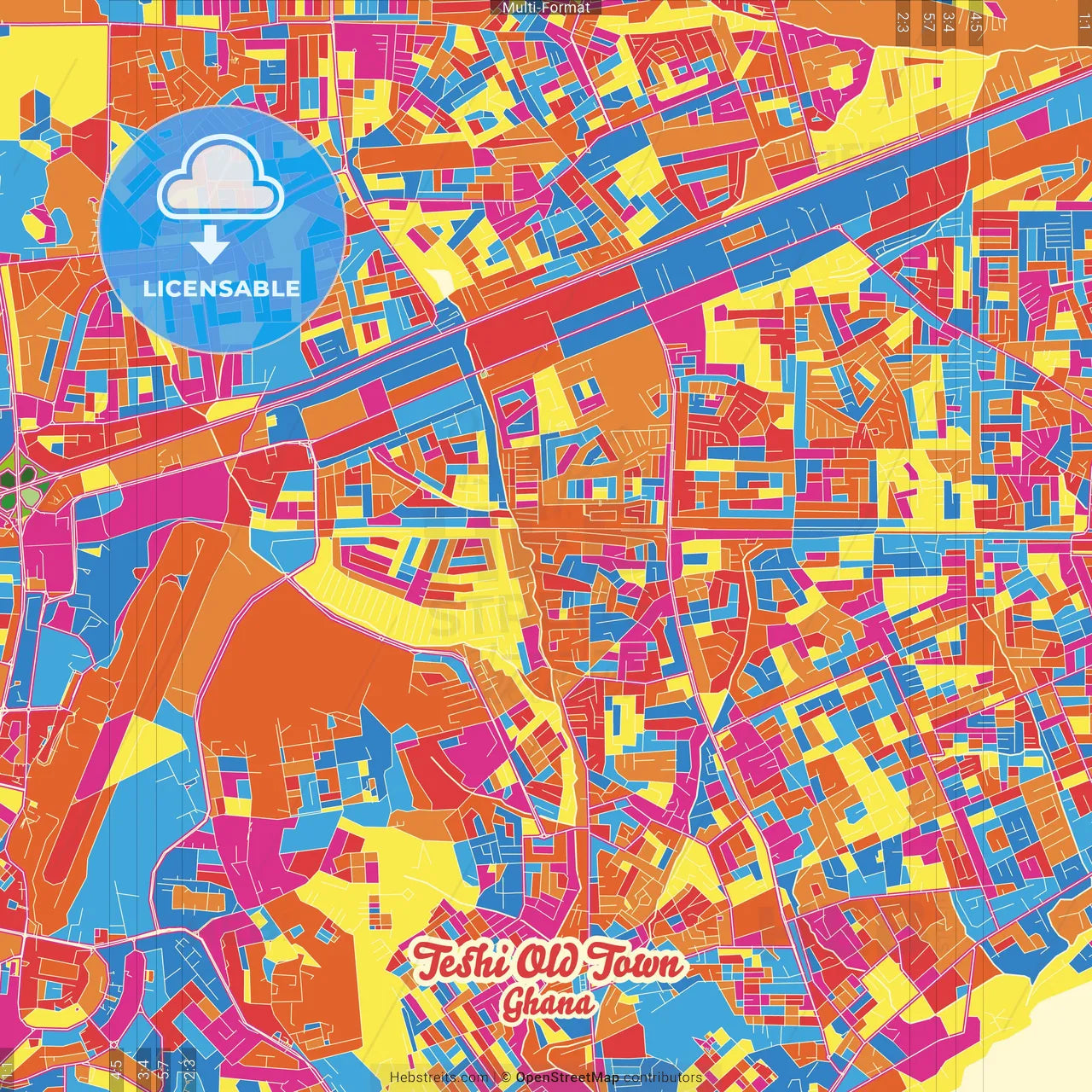 Teshi Old Town, Ghana Crazy Colorful Street Map Poster Template