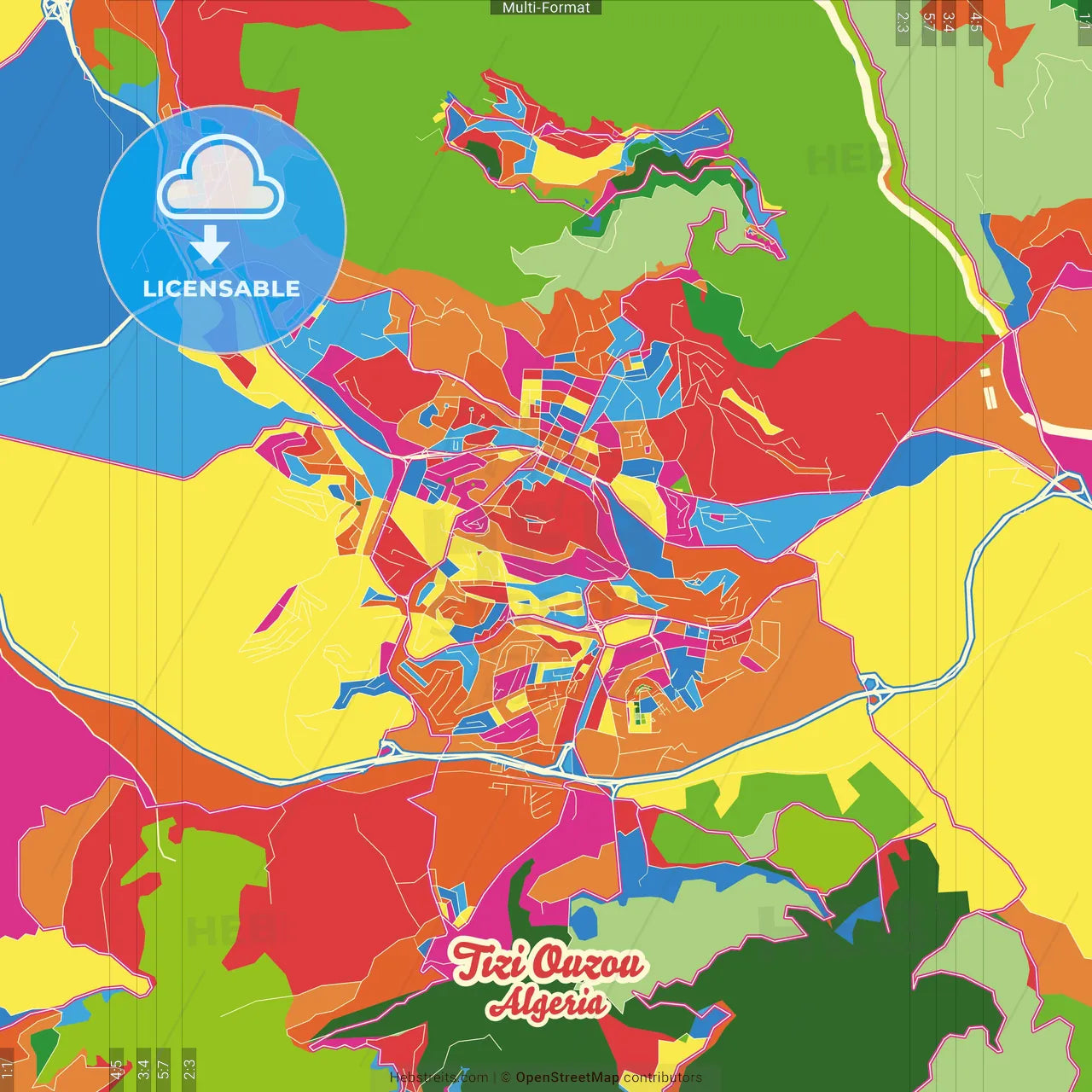Tizi Ouzou, Algeria Crazy Colorful Street Map Poster Template