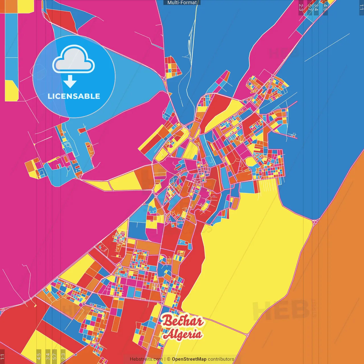 Bechar, Algeria Crazy Colorful Street Map Poster Template