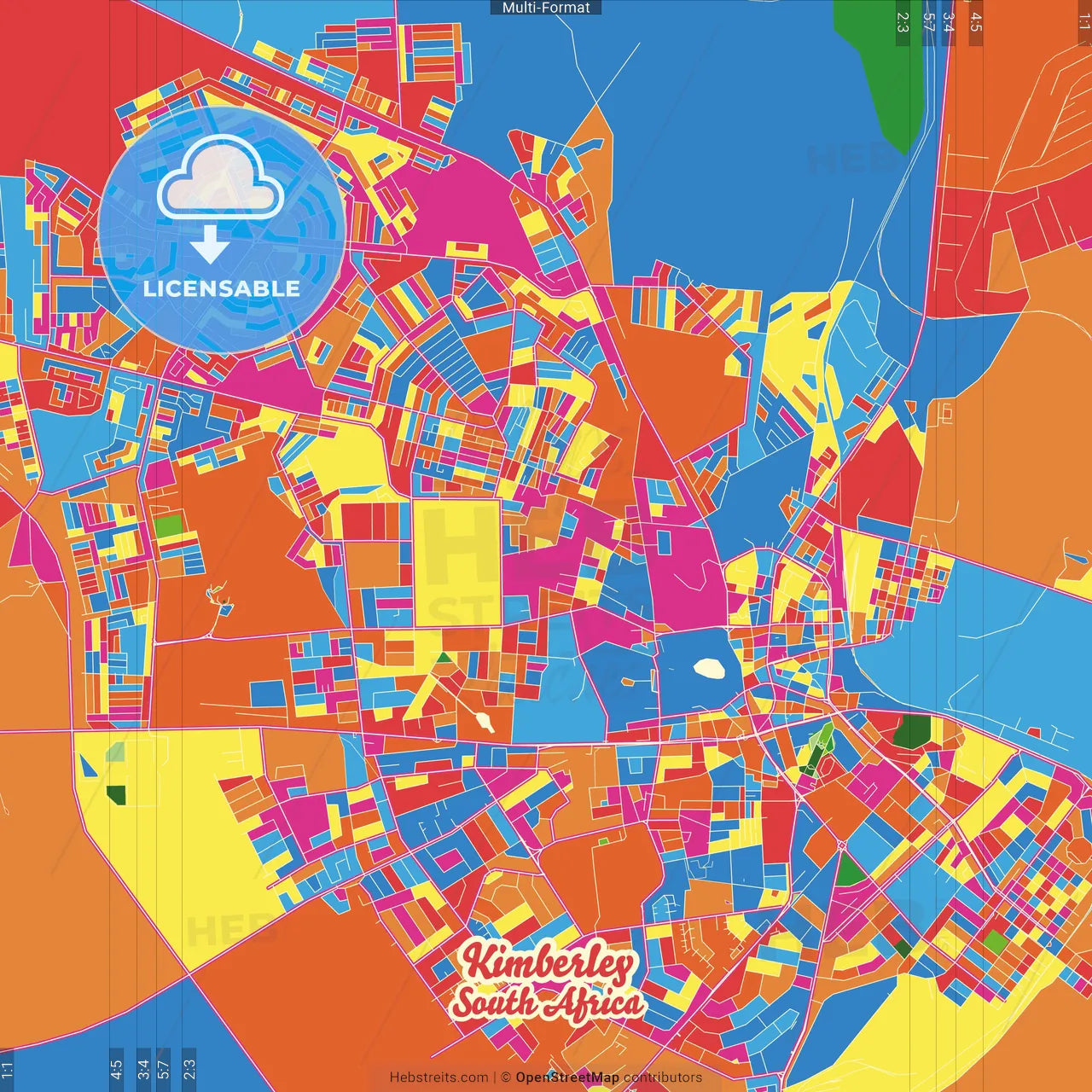 Kimberley, South Africa Crazy Colorful Street Map Poster Template