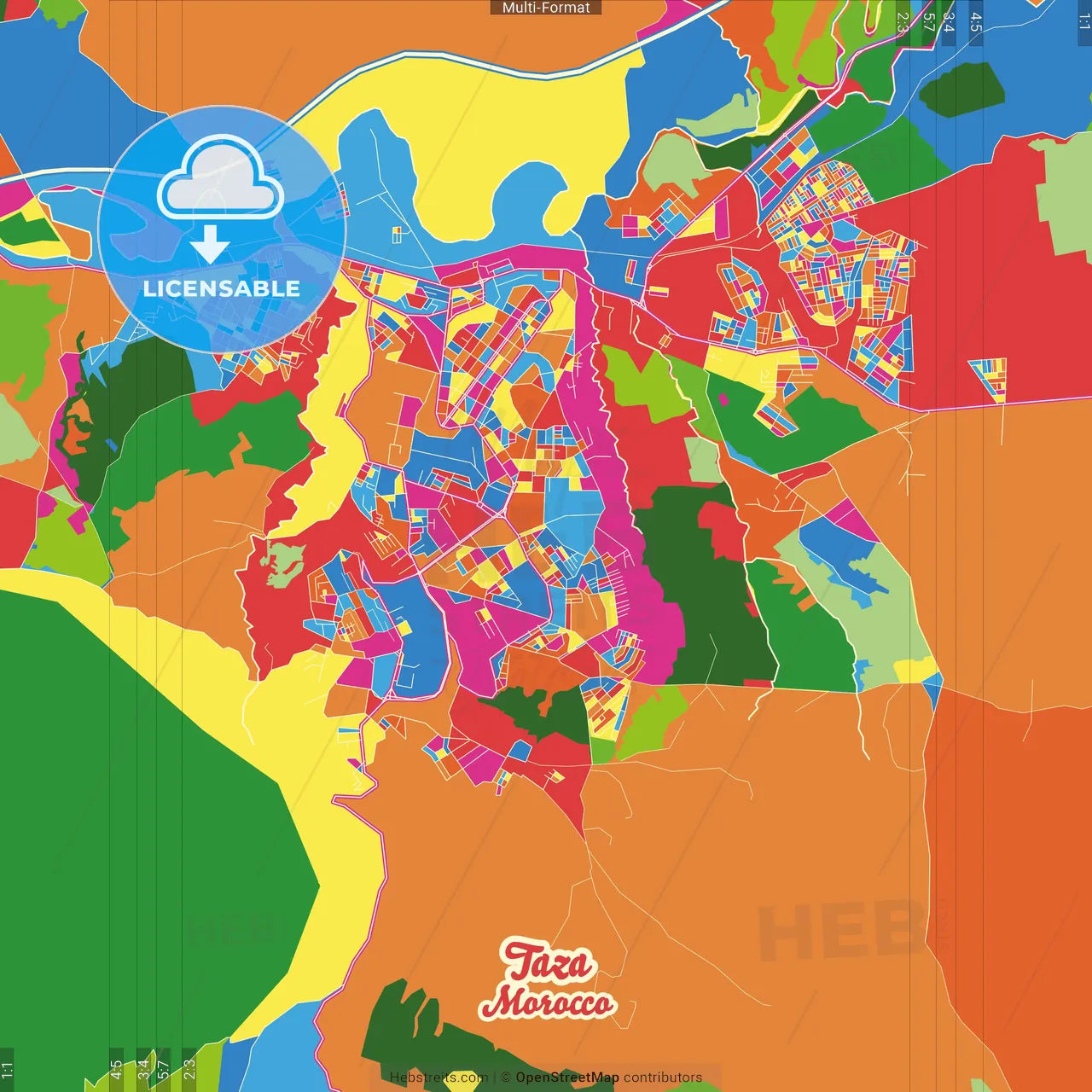 Taza, Morocco Crazy Colorful Street Map Poster Template