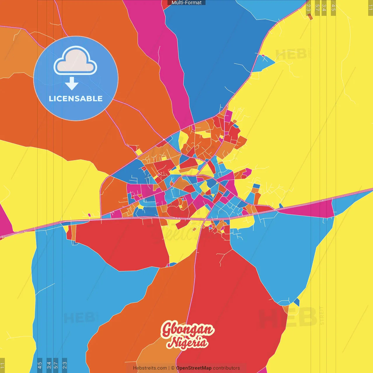 Gbongan, Nigeria Crazy Colorful Street Map Poster Template