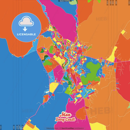 Man, Ivory Coast Crazy Colorful Street Map Poster Template