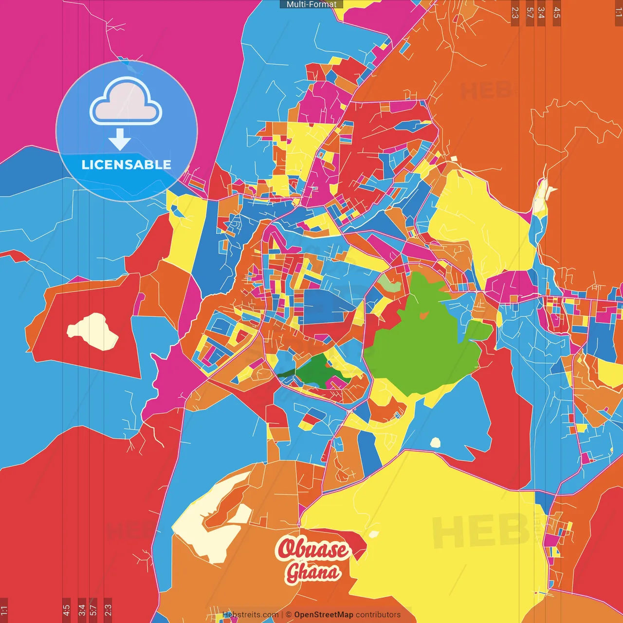 Obuase, Ghana Crazy Colorful Street Map Poster Template