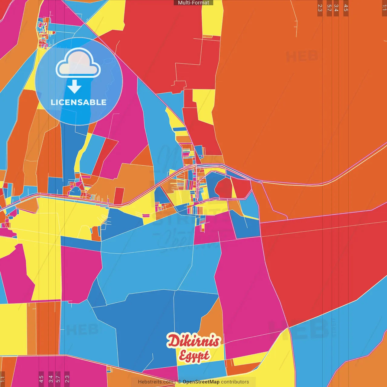 Dikirnis, Egypt Crazy Colorful Street Map Poster Template