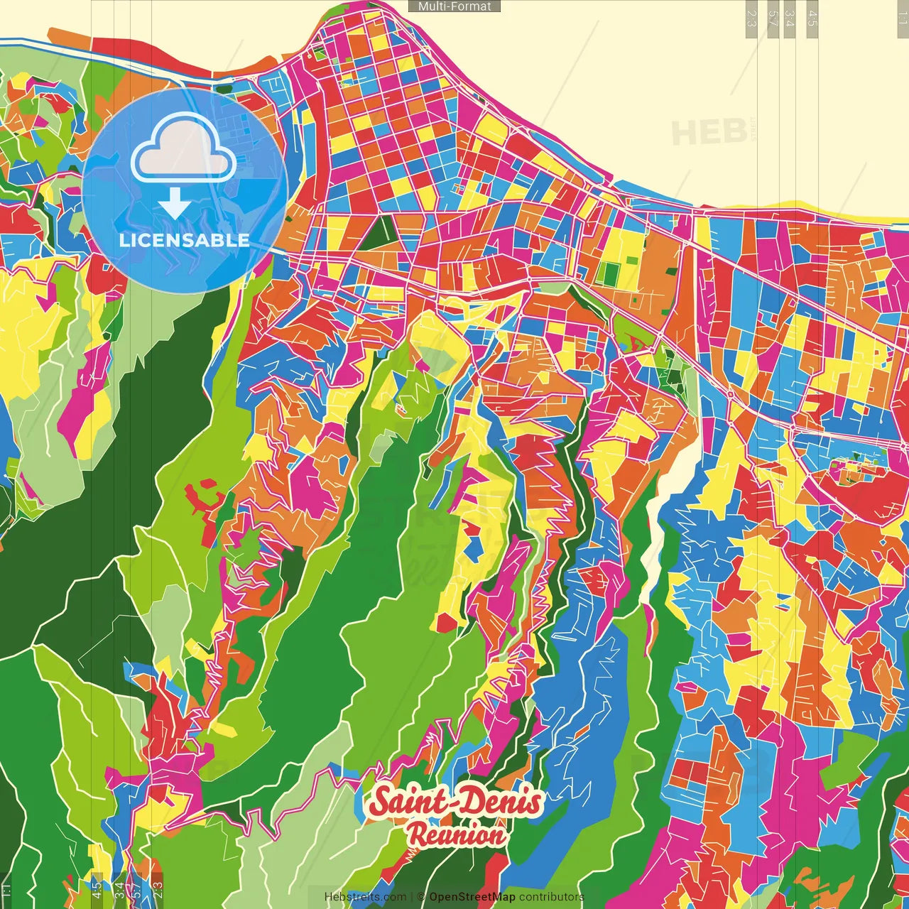 Saint-Denis, Reunion Crazy Colorful Street Map Poster Template