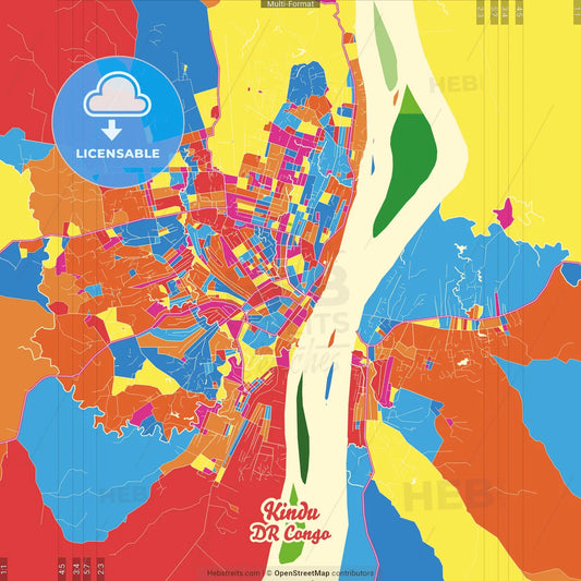 Kindu, DR Congo Crazy Colorful Street Map Poster Template