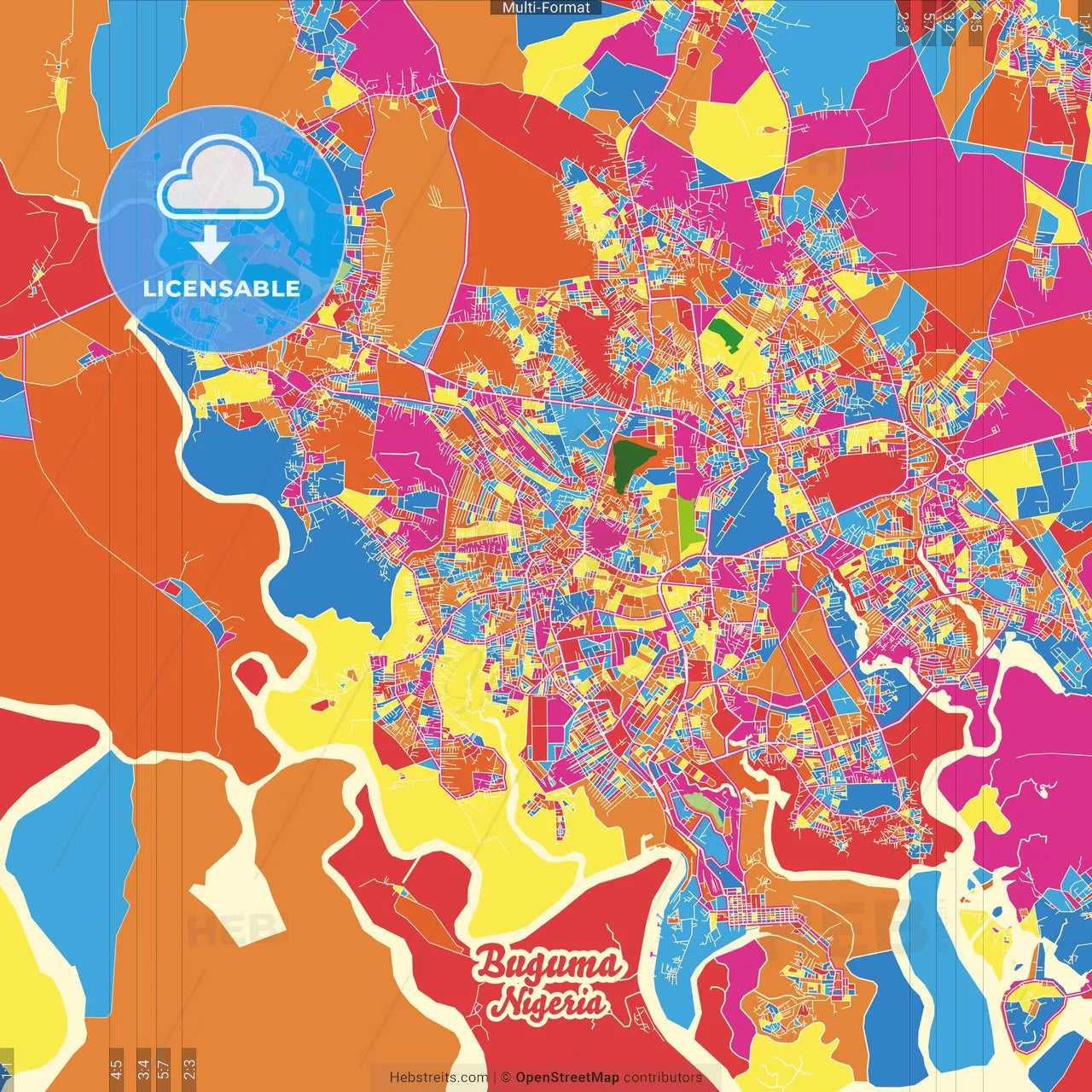 Buguma, Nigeria Crazy Colorful Street Map Poster Template