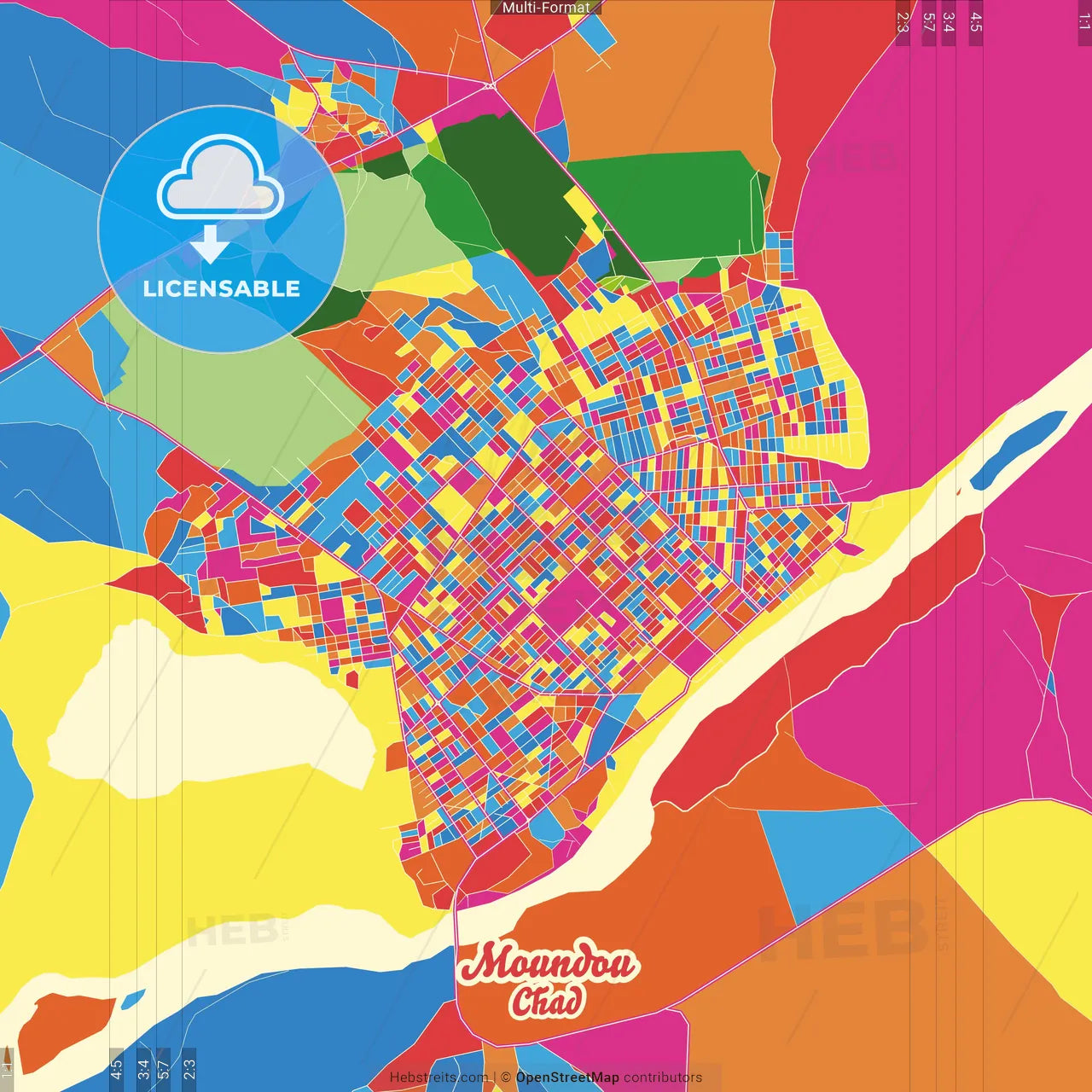 Moundou, Chad Crazy Colorful Street Map Poster Template