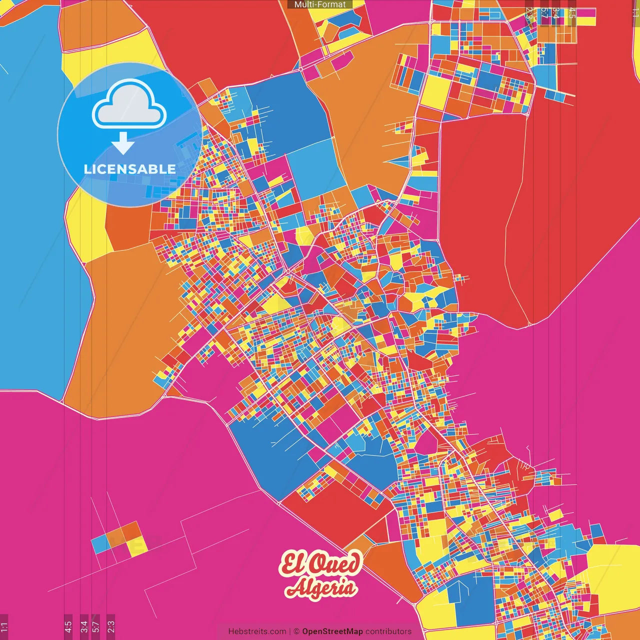 El Oued, Algeria Crazy Colorful Street Map Poster Template