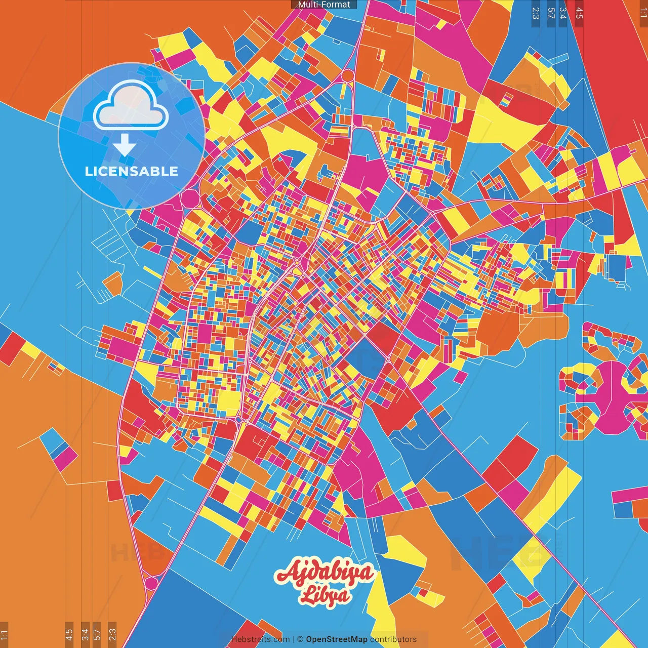Ajdabiya, Libya Crazy Colorful Street Map Poster Template