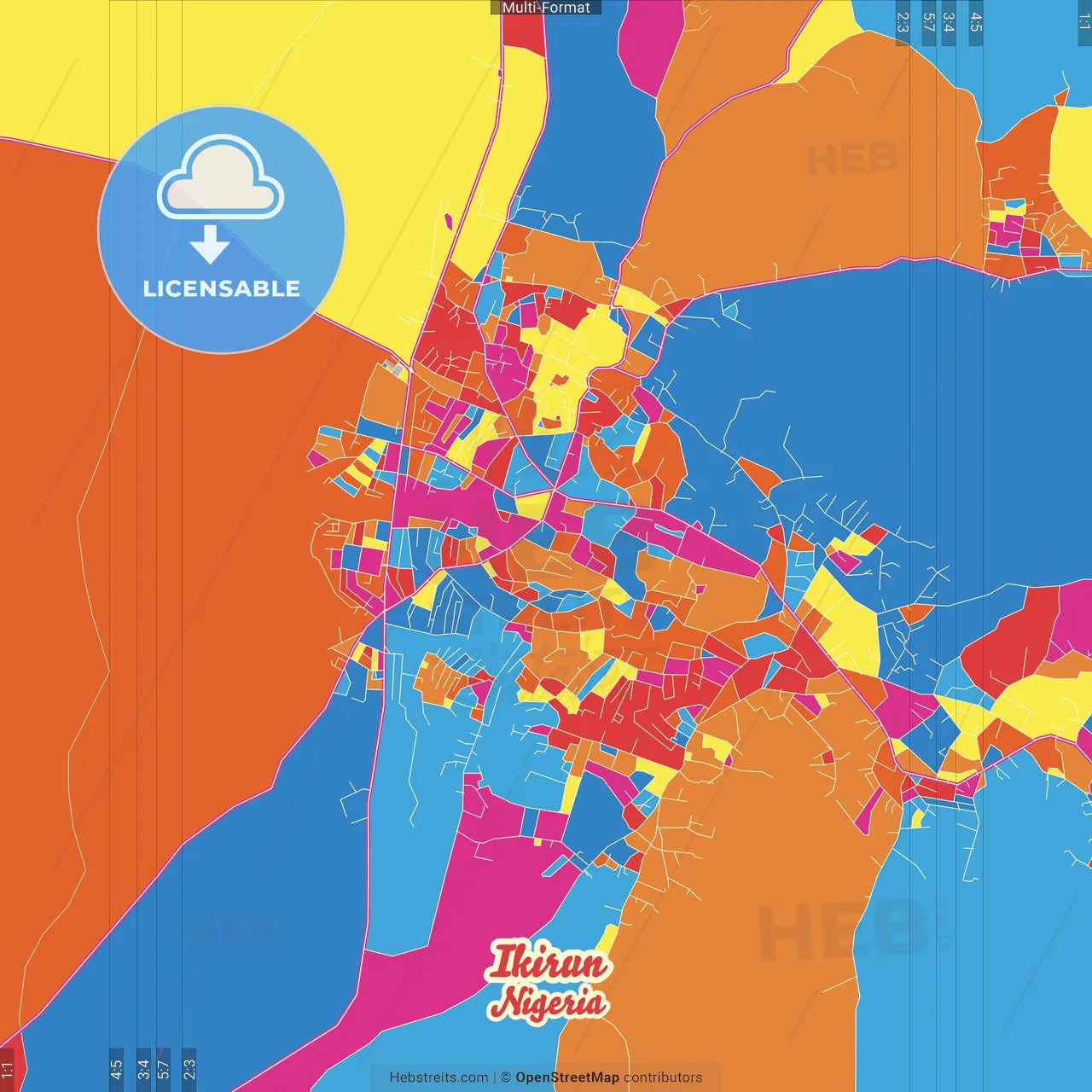 Ikirun, Nigeria Crazy Colorful Street Map Poster Template