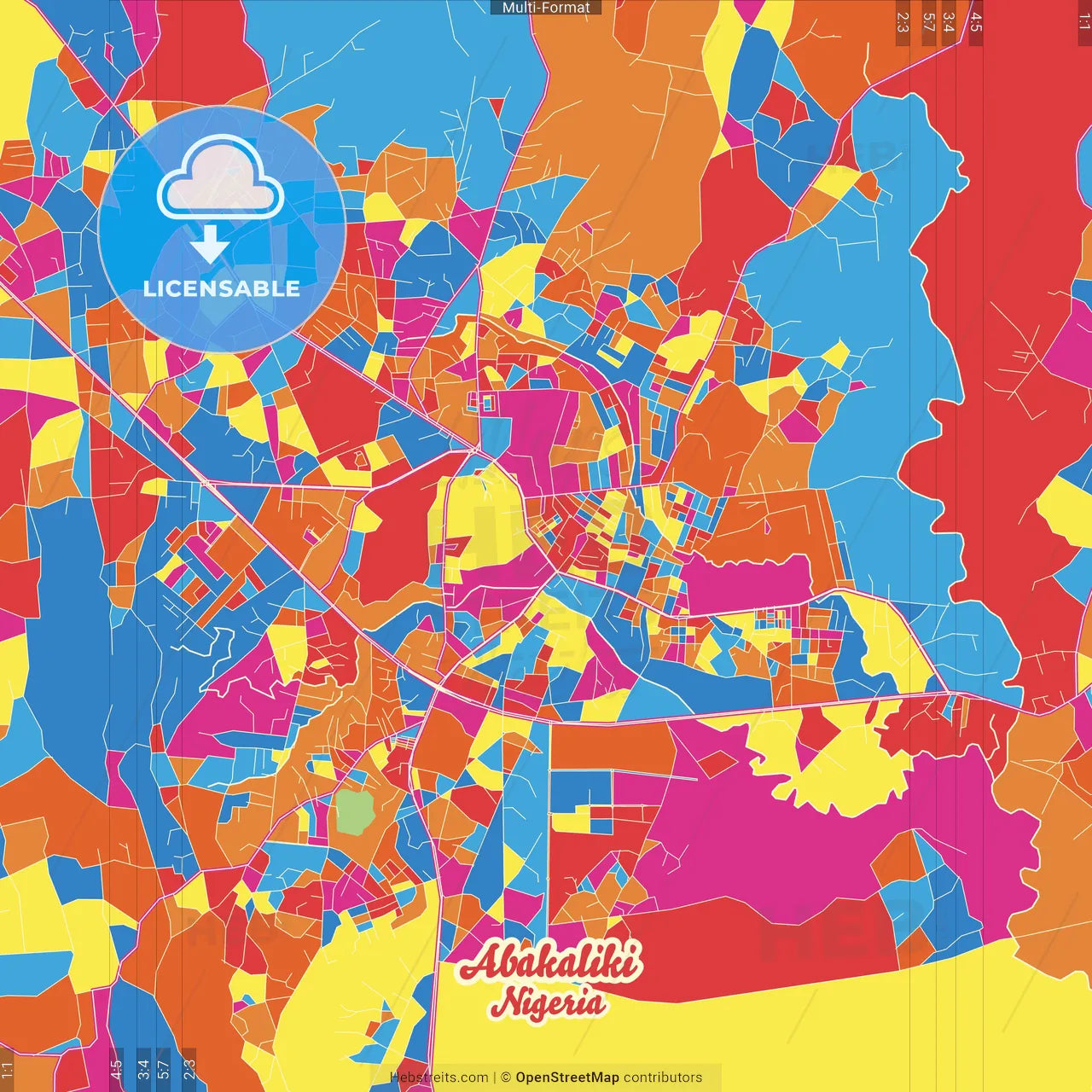 Abakaliki, Nigeria Crazy Colorful Street Map Poster Template