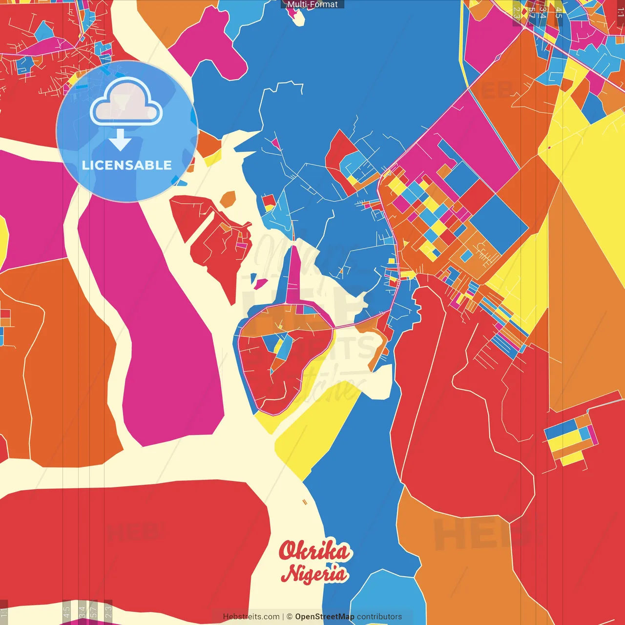 Okrika, Nigeria Crazy Colorful Street Map Poster Template