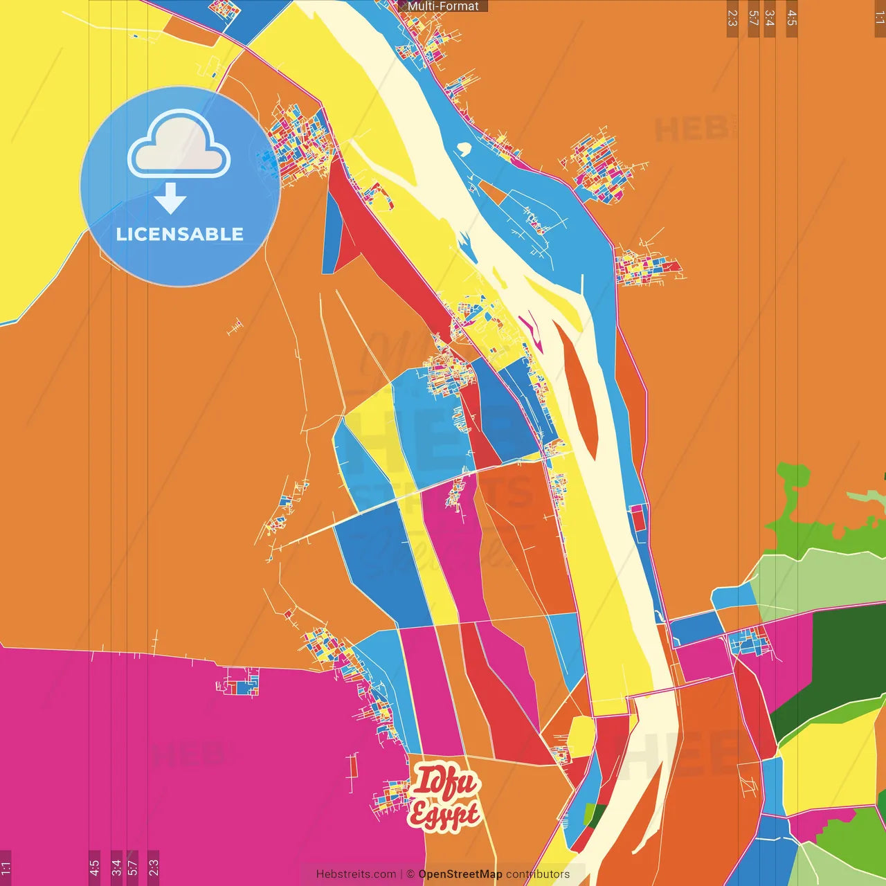 Idfu, Egypt Crazy Colorful Street Map Poster Template