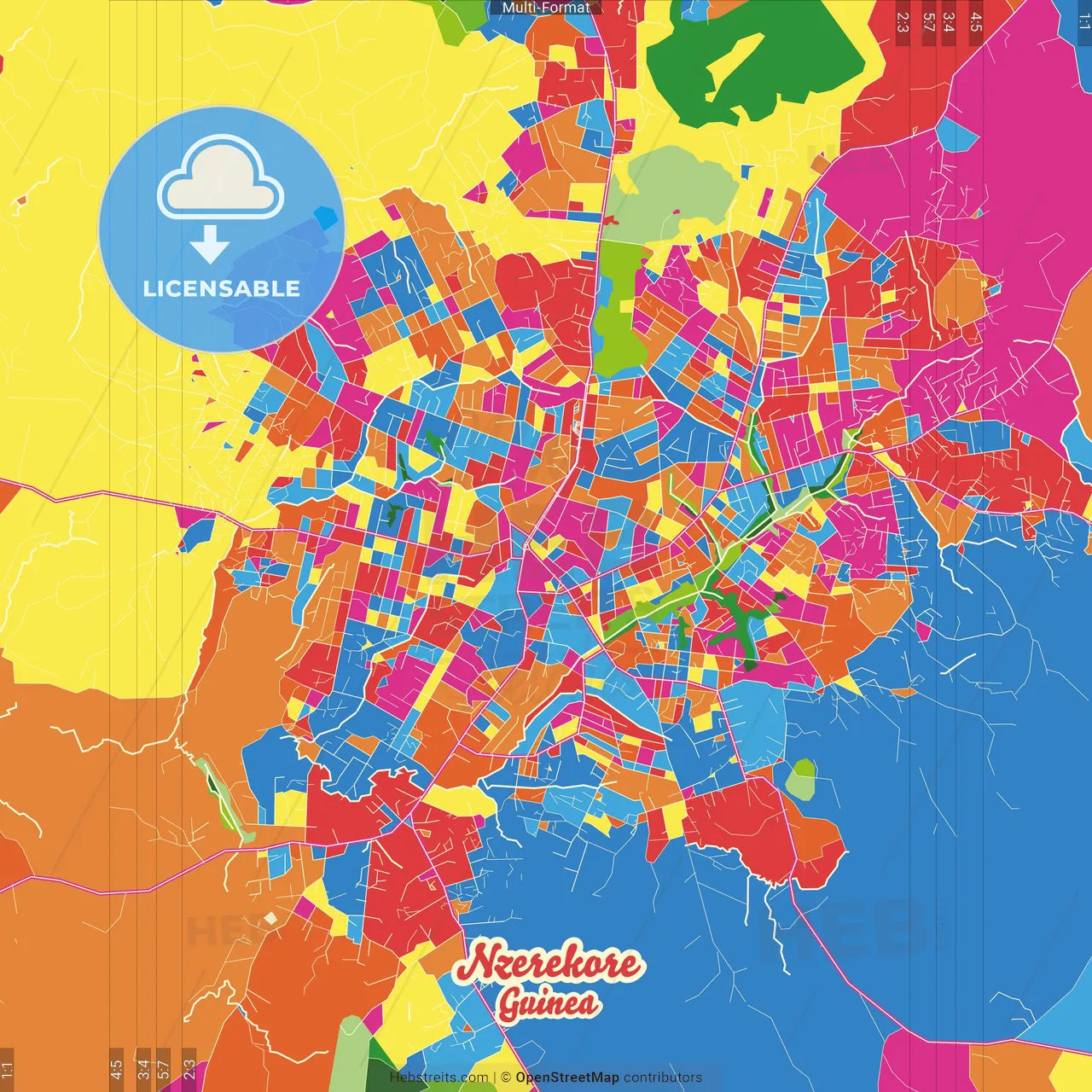 Nzerekore, Guinea Crazy Colorful Street Map Poster Template