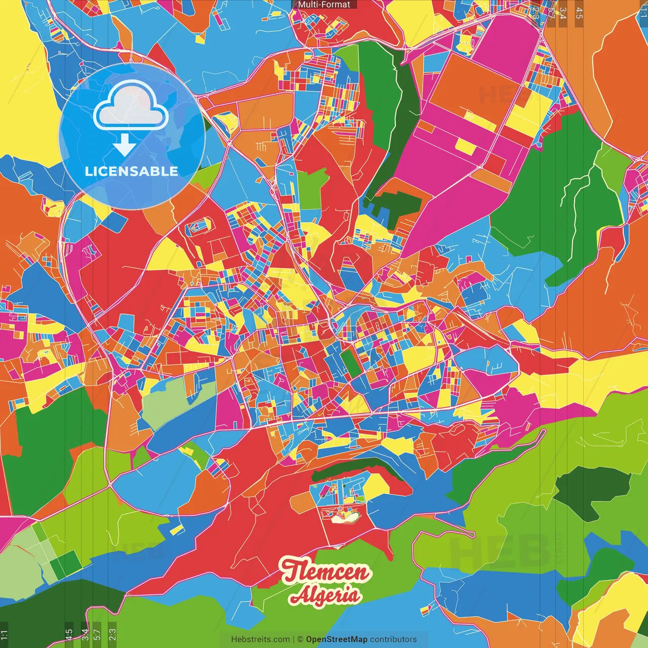 Tlemcen, Algeria Crazy Colorful Street Map Poster Template