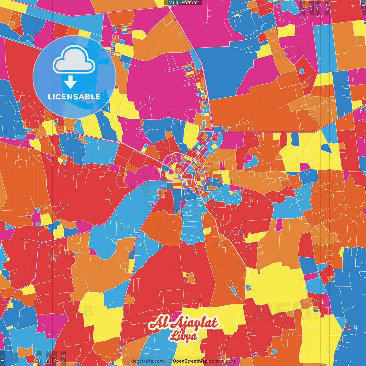 Al Ajaylat, Libya Crazy Colorful Street Map Poster Template