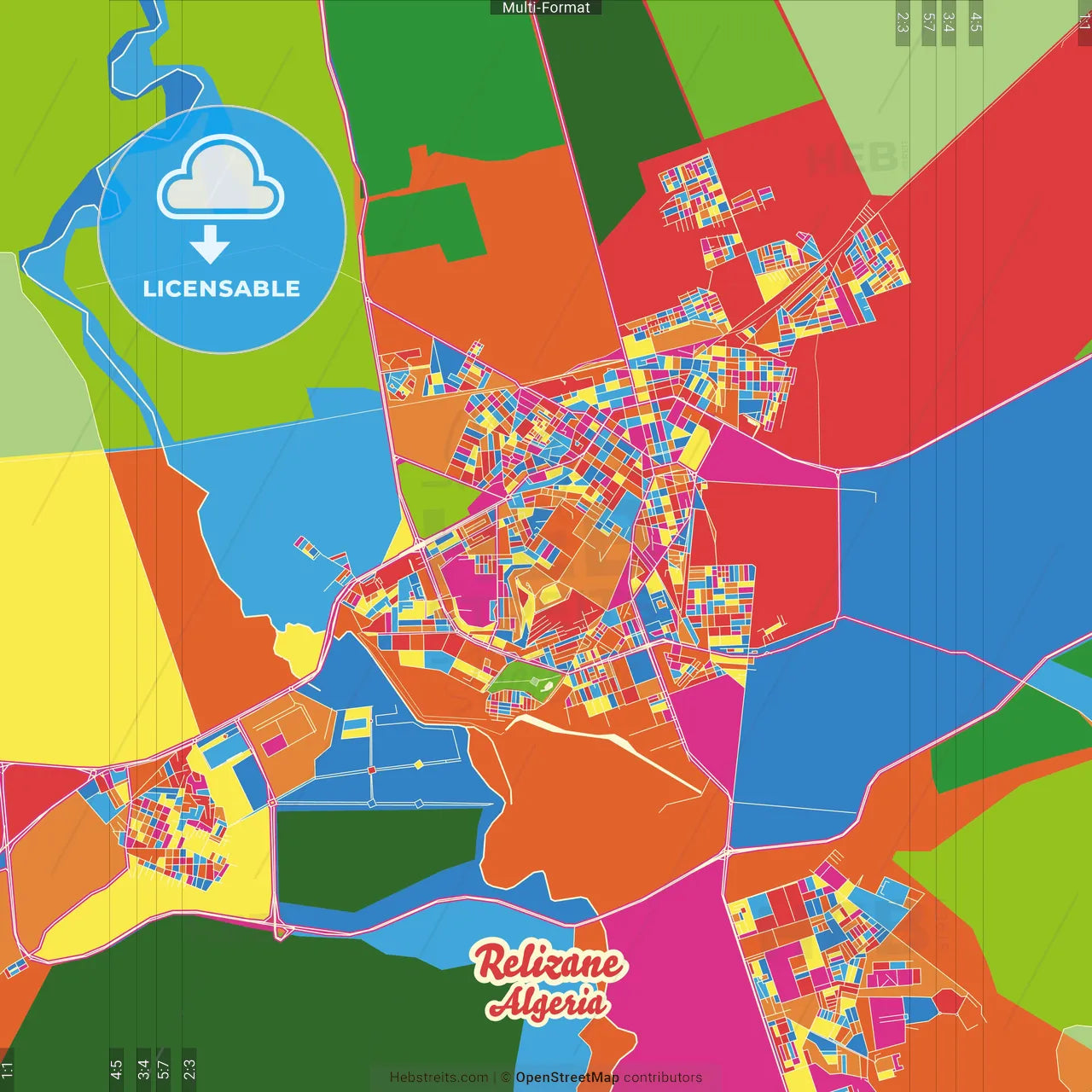 Relizane, Algeria Crazy Colorful Street Map Poster Template