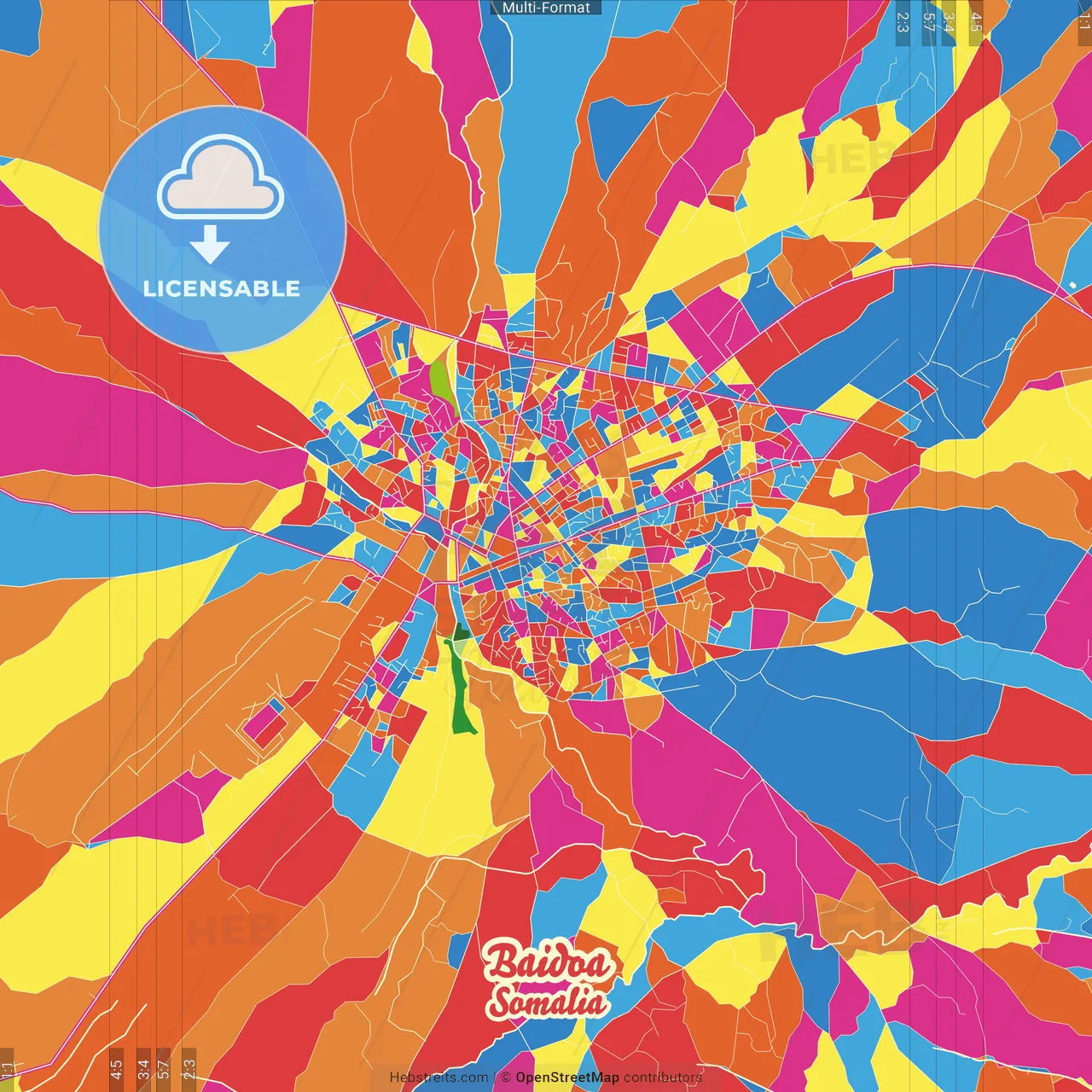 Baidoa, Somalia Crazy Colorful Street Map Poster Template