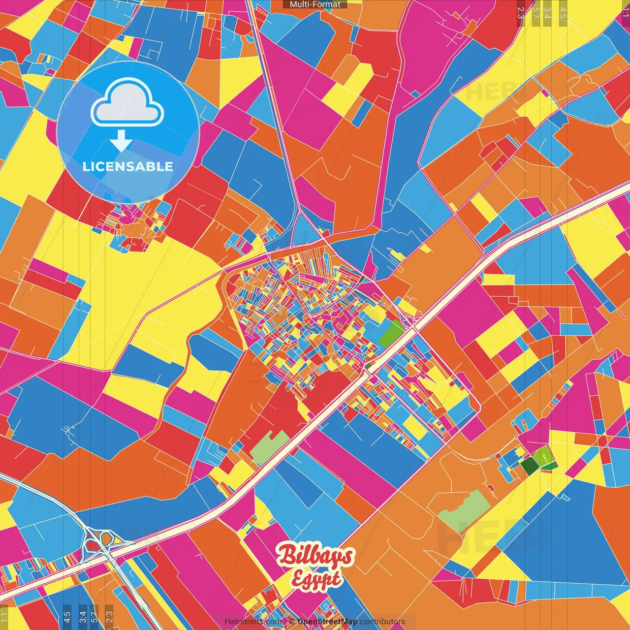 Bilbays, Egypt Crazy Colorful Street Map Poster Template