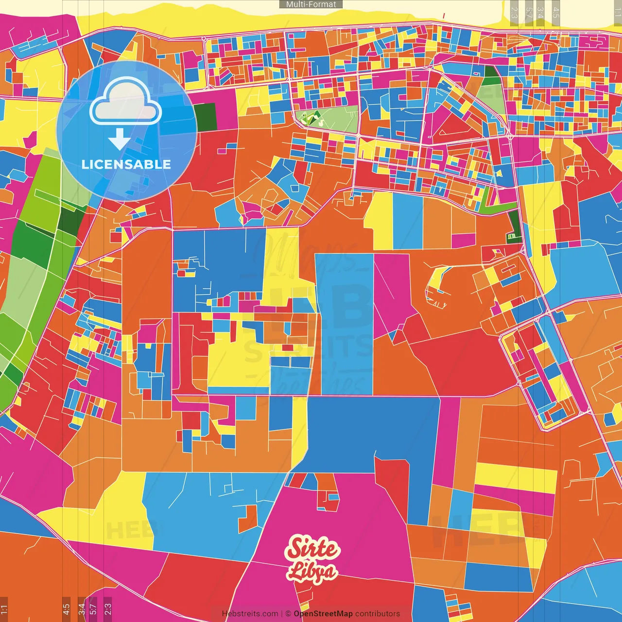 Sirte, Libya Crazy Colorful Street Map Poster Template