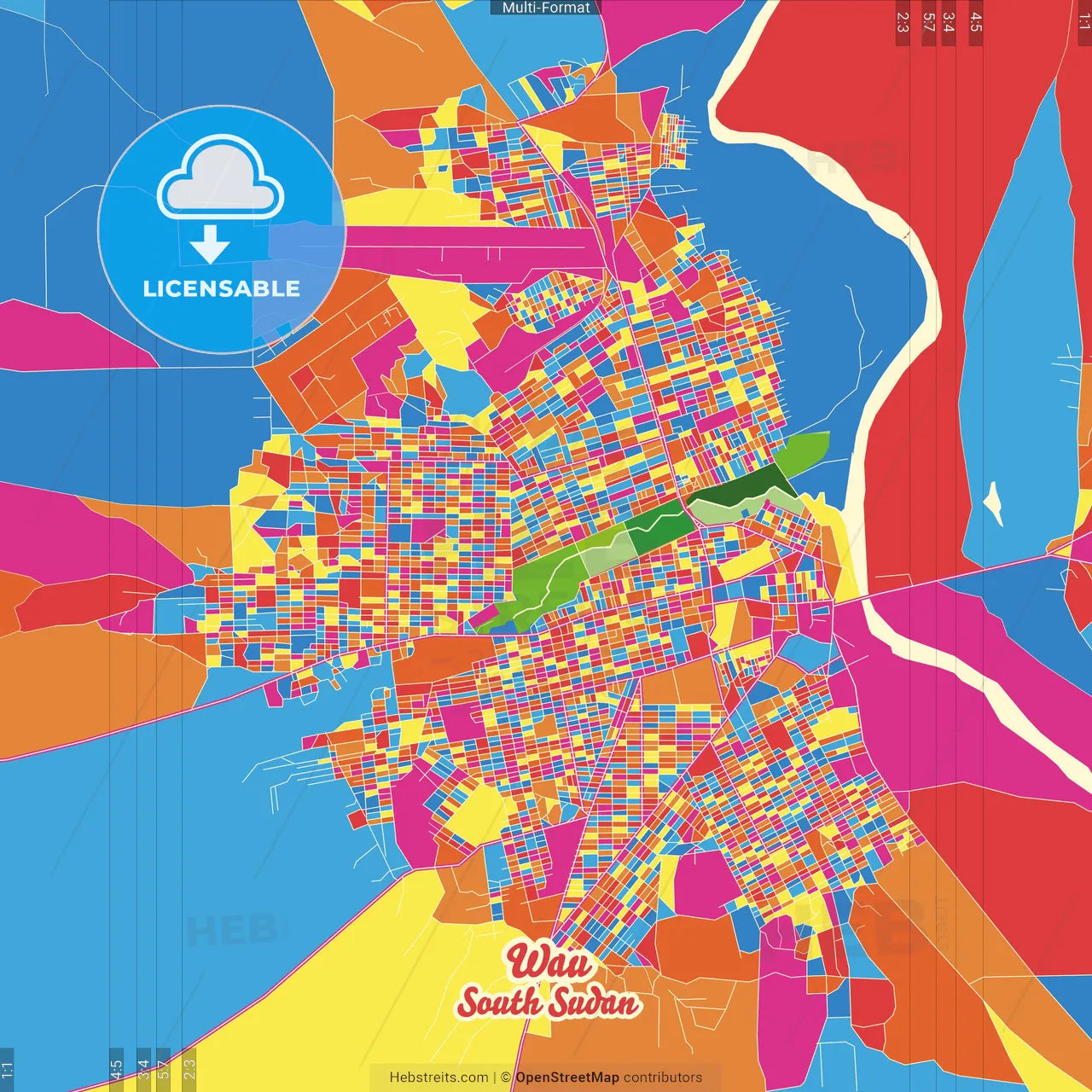 Wau, South Sudan Crazy Colorful Street Map Poster Template