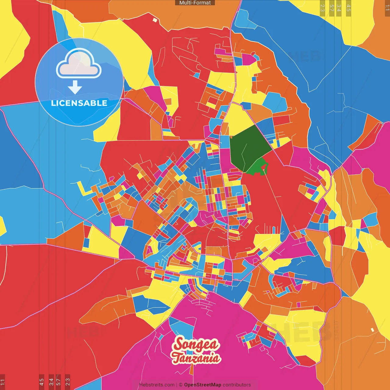 Songea, Tanzania Crazy Colorful Street Map Poster Template