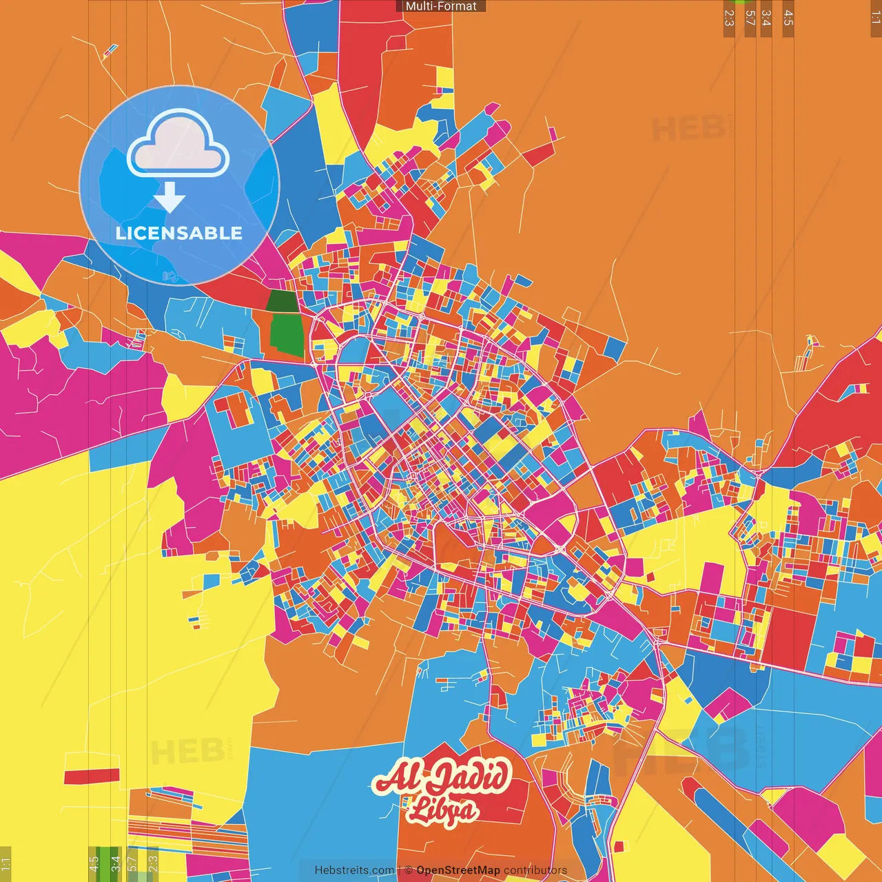 Al Jadid, Libya Crazy Colorful Street Map Poster Template