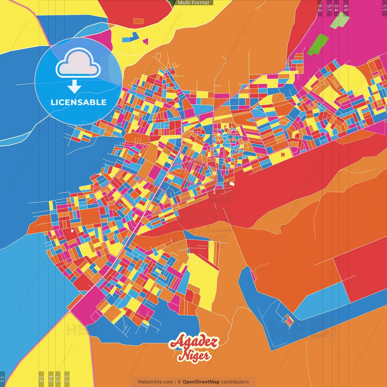 Agadez, Niger Crazy Colorful Street Map Poster Template