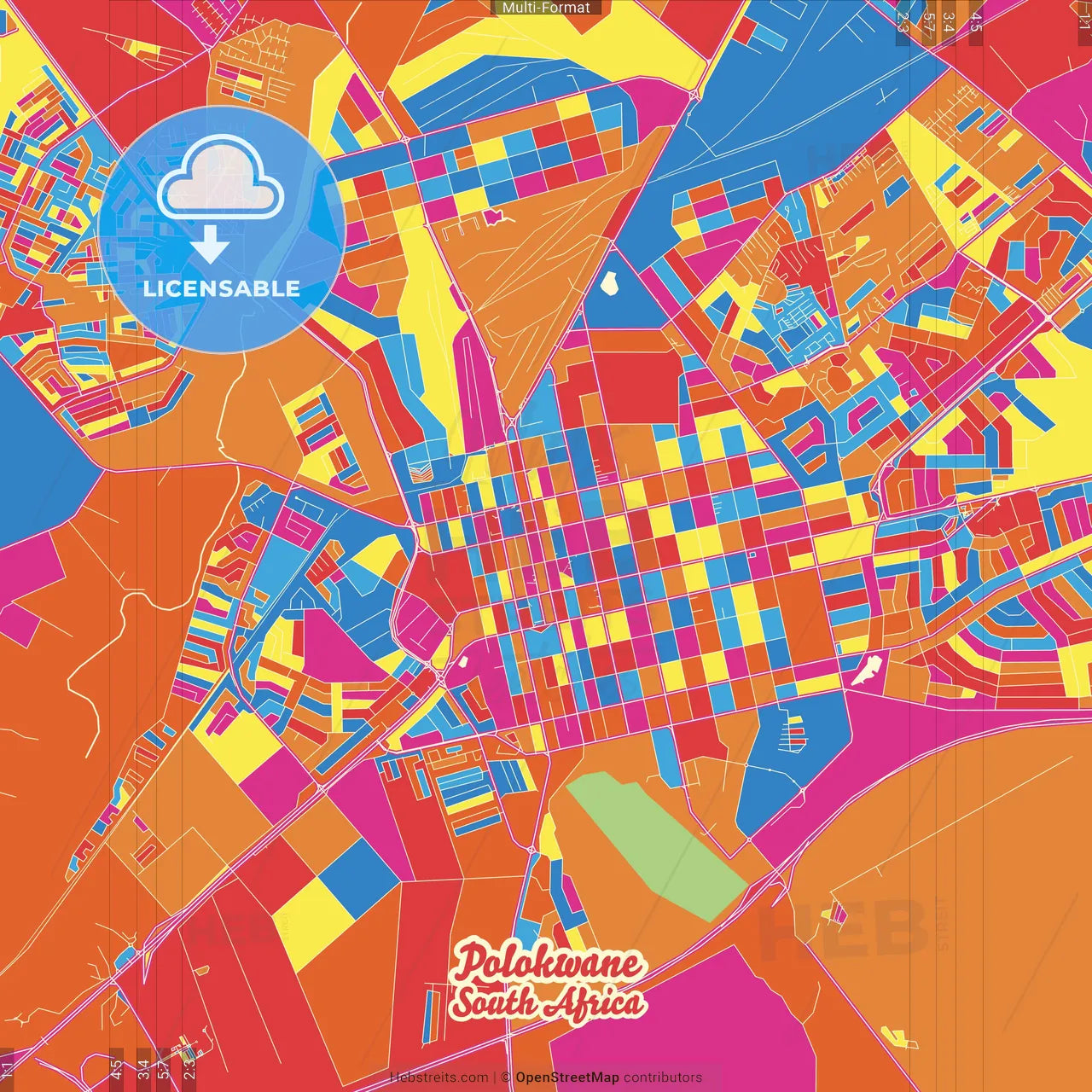 Polokwane, South Africa Crazy Colorful Street Map Poster Template
