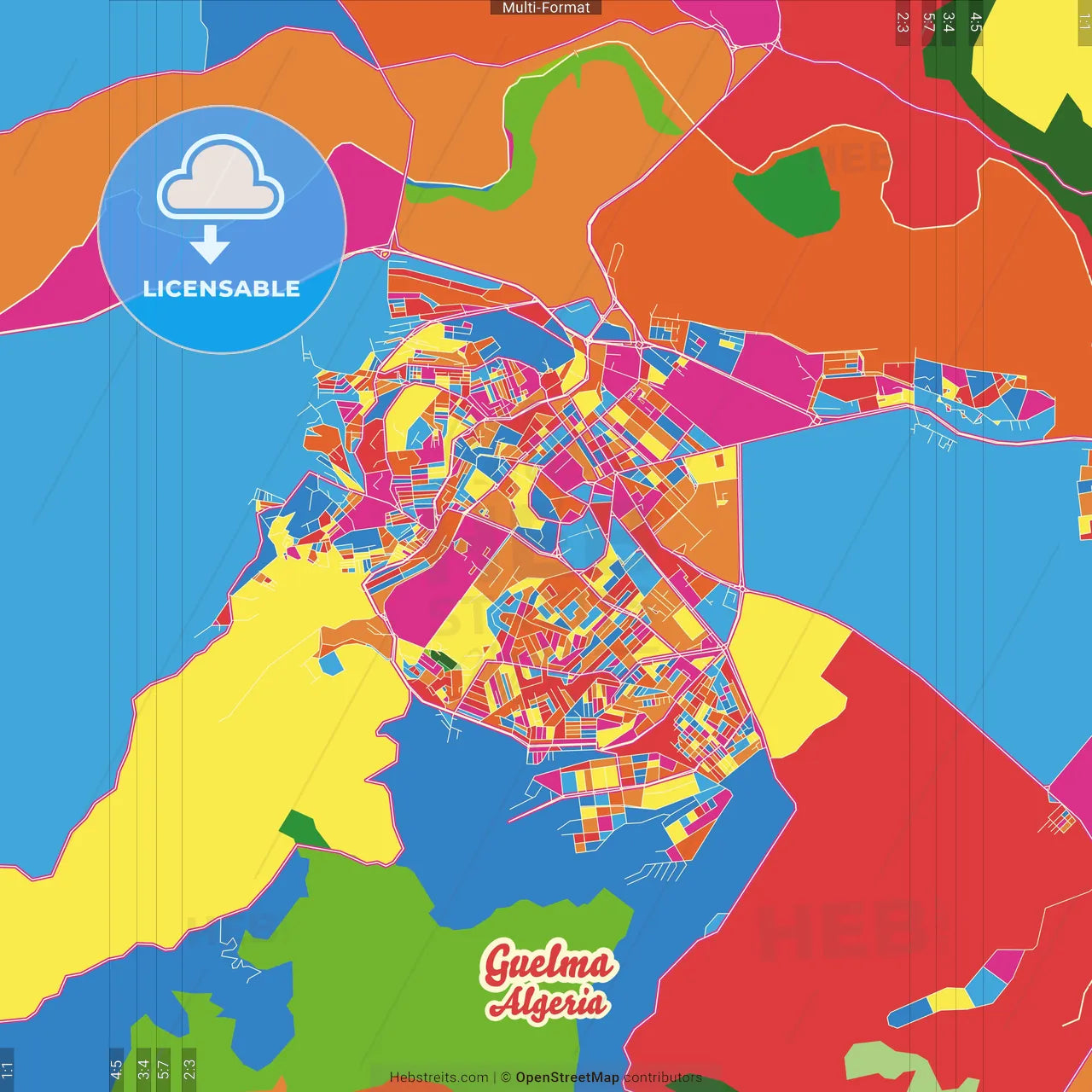 Guelma, Algeria Crazy Colorful Street Map Poster Template