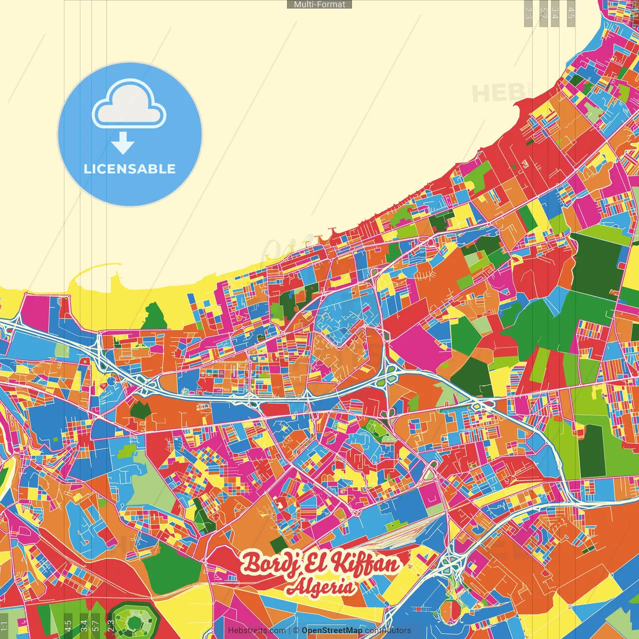 Bordj el Kiffan, Algeria Crazy Colorful Street Map Poster Template