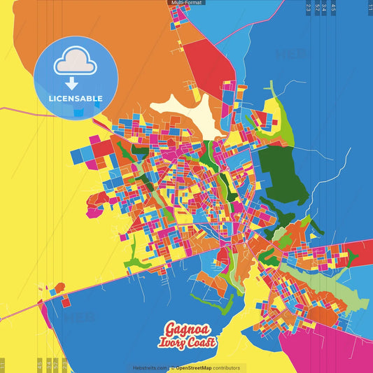 Gagnoa, Ivory Coast Crazy Colorful Street Map Poster Template