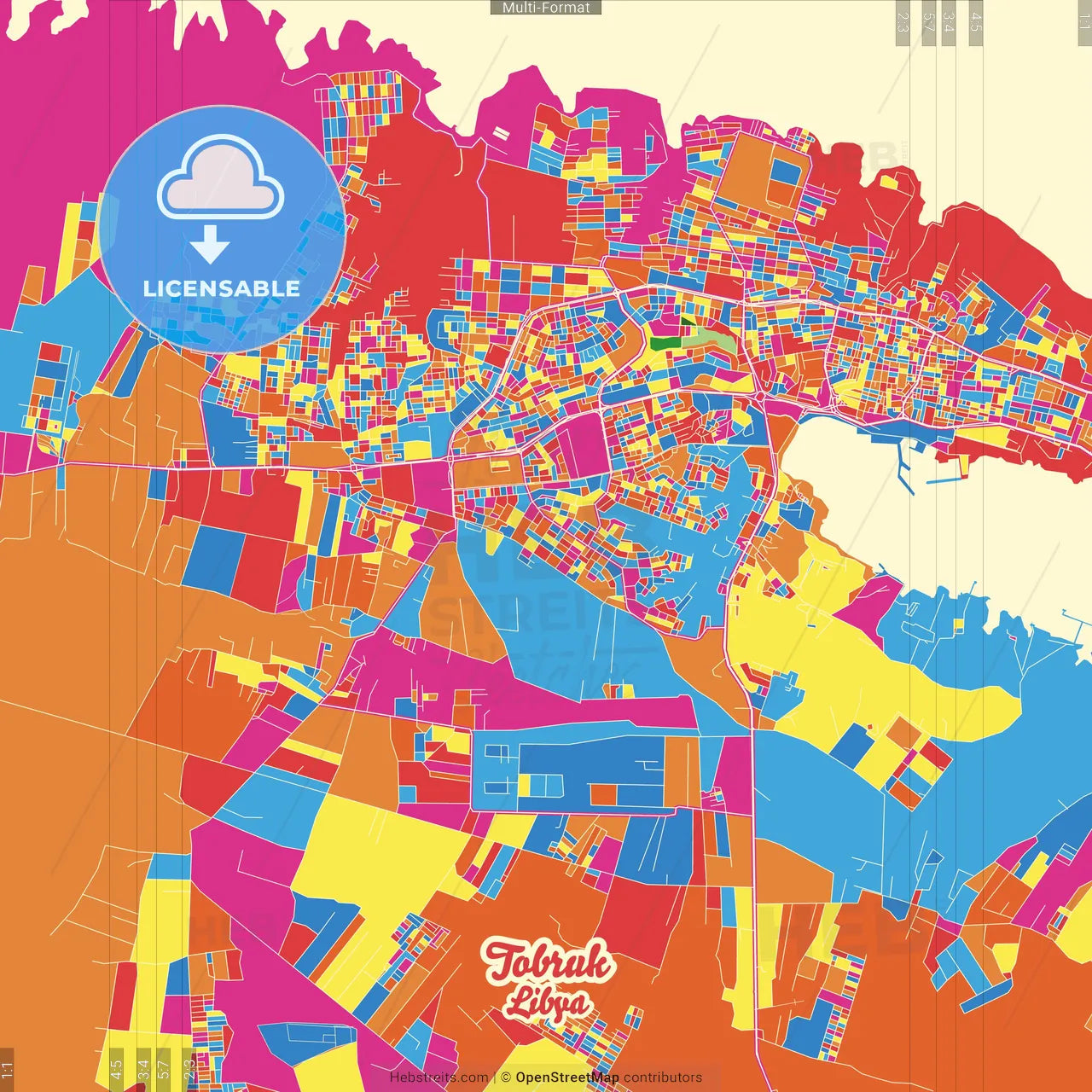 Tobruk, Libya Crazy Colorful Street Map Poster Template