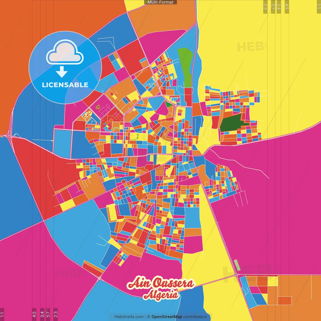 Ain Oussera, Algeria Crazy Colorful Street Map Poster Template