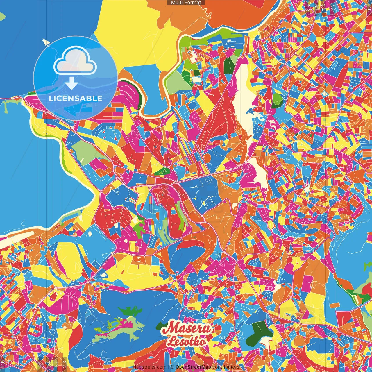 Maseru, Lesotho Crazy Colorful Street Map Poster Template