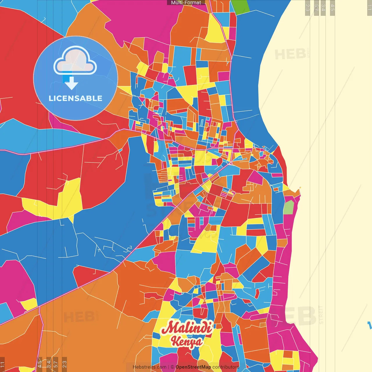 Malindi, Kenya Crazy Colorful Street Map Poster Template