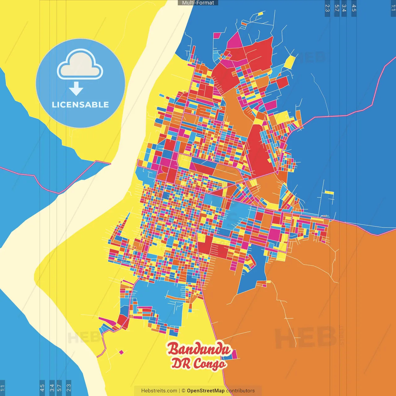 Bandundu, DR Congo Crazy Colorful Street Map Poster Template