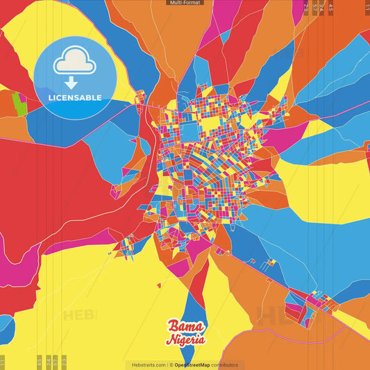 Bama, Nigeria Crazy Colorful Street Map Poster Template