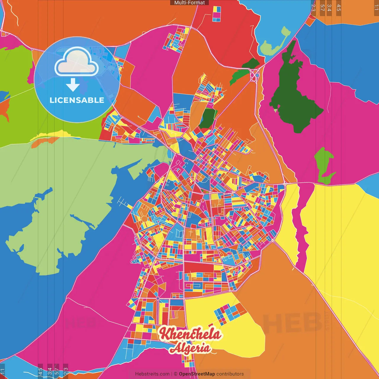 Khenchela, Algeria Crazy Colorful Street Map Poster Template