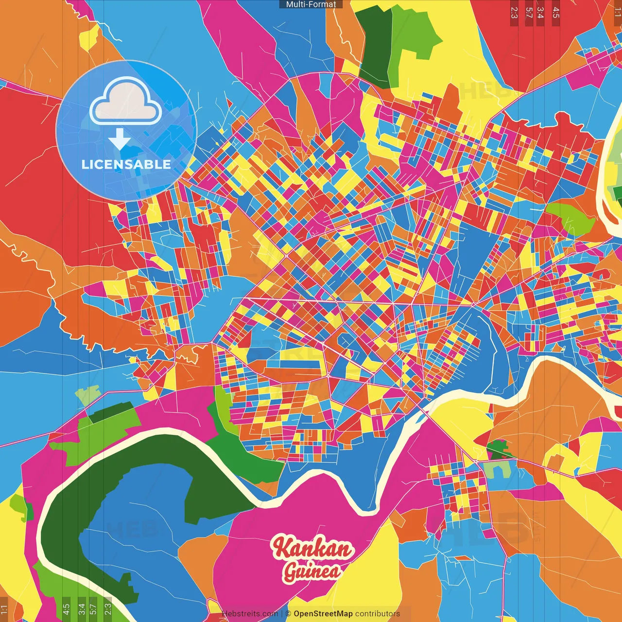 Kankan, Guinea Crazy Colorful Street Map Poster Template