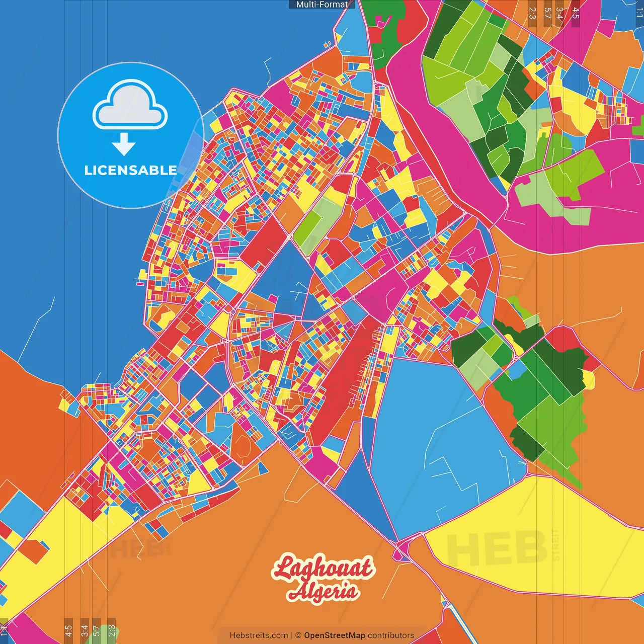 Laghouat, Algeria Crazy Colorful Street Map Poster Template