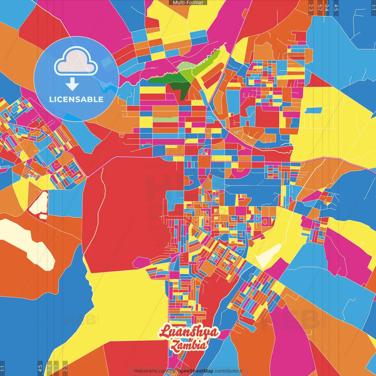 Luanshya, Zambia Crazy Colorful Street Map Poster Template