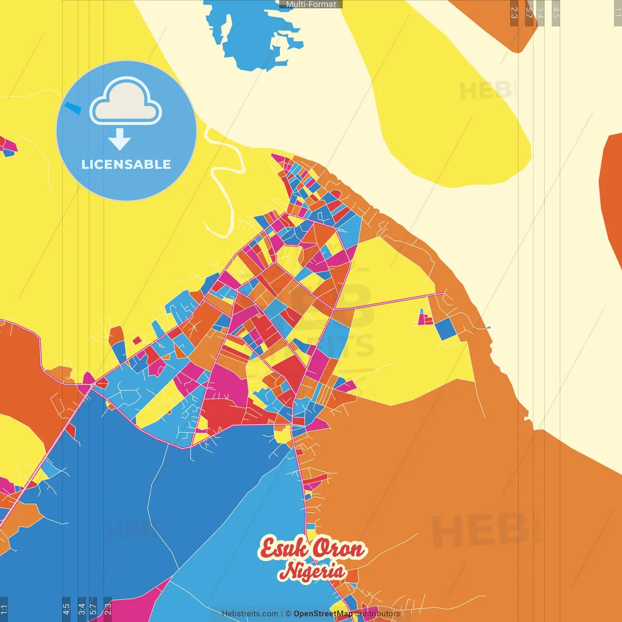 Esuk Oron, Nigeria Crazy Colorful Street Map Poster Template