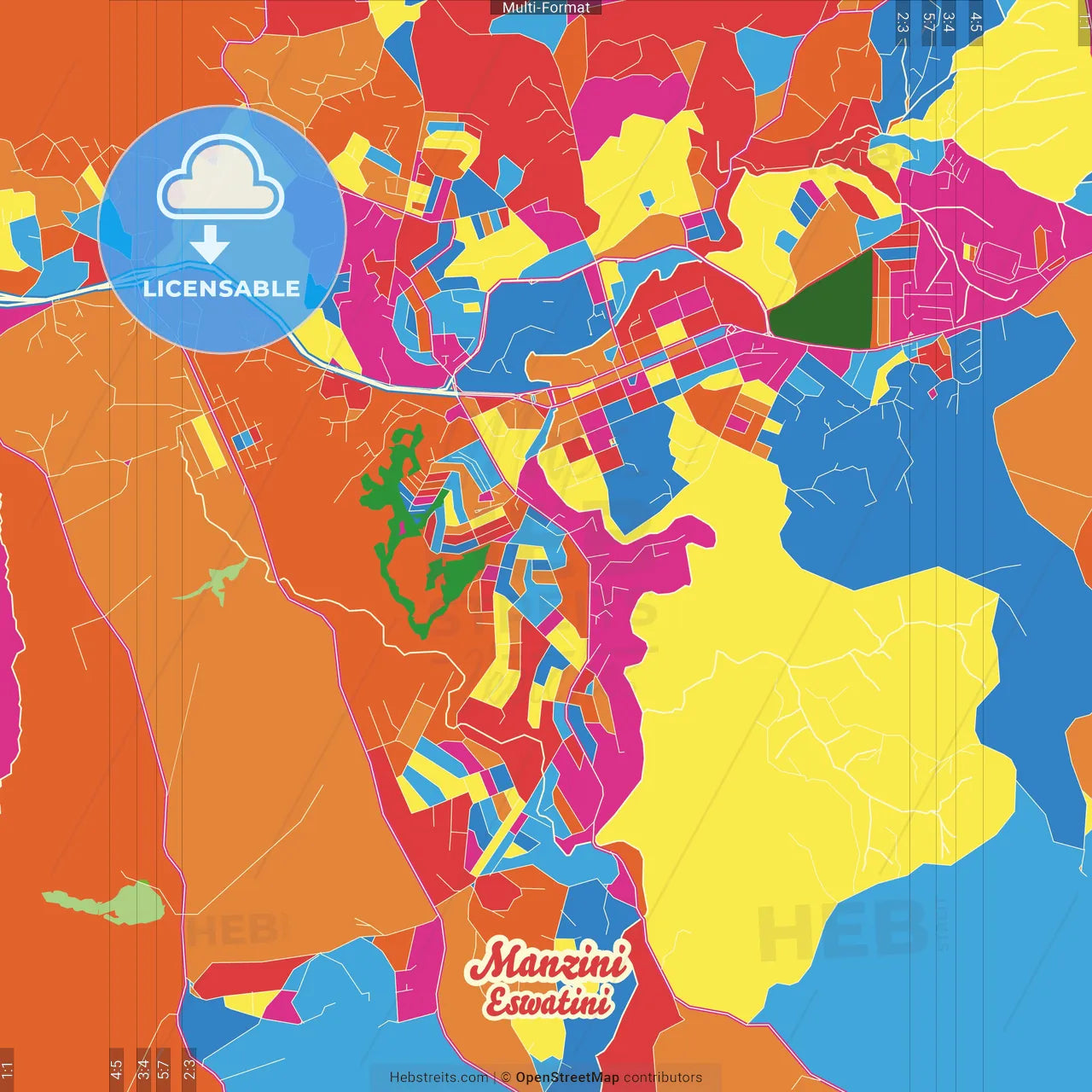 Manzini, Eswatini Crazy Colorful Street Map Poster Template