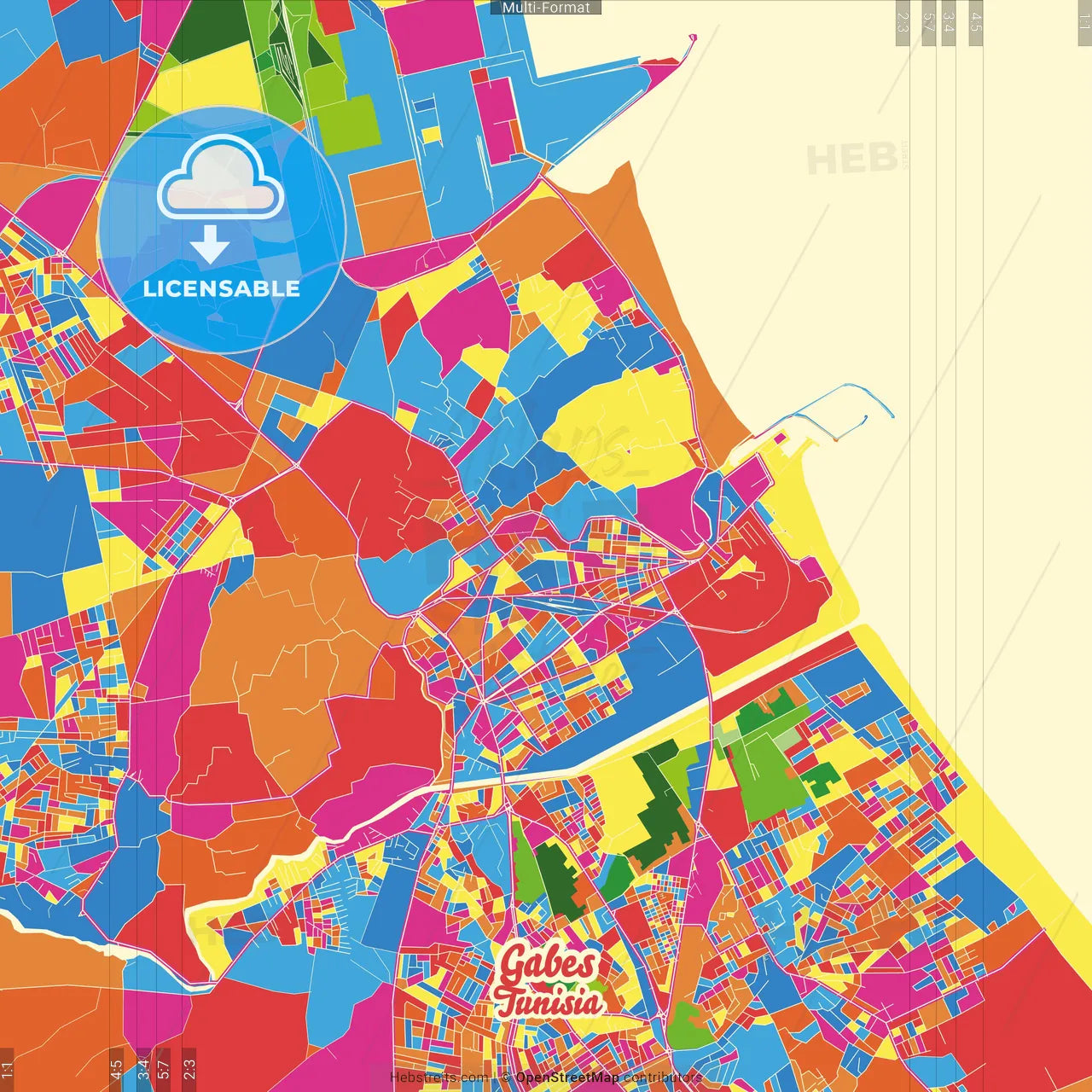 Gabes, Tunisia Crazy Colorful Street Map Poster Template