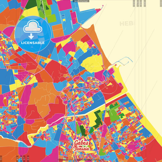 Gabes, Tunisia Crazy Colorful Street Map Poster Template